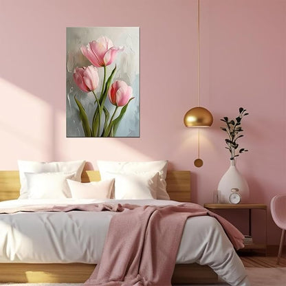 Pink Bathroom Decor Tulips Wall Art Flowers Pictures Modern Spring Floral Paintings Canvas Prints Artwork for Living Room Bedroom Home Decoration Framed