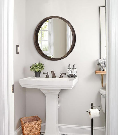 JJUUYOU Circle Wall Mirror 16 Inch Round Wall Mirror for Bathroom, Farmhouse Brown Circular Mirror Washroom Wall Decor Wood Frame Mirror for Living Room, Bedroom, Dorm Decorative