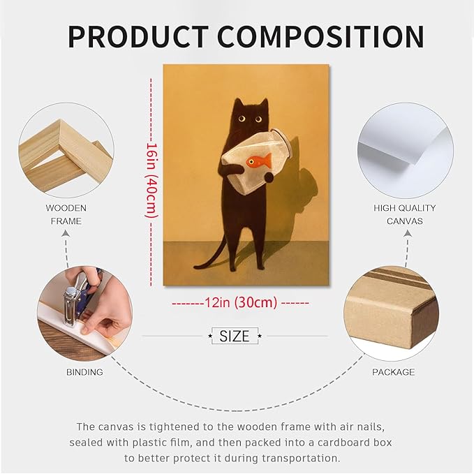 Funny Black Cat Wall Art, Abstract Black Cat and Fish Canvas Poster Print Picture, Cute Animal Wall Decor, Perfect for Cat Lovers for Bathroom Living Room Bedroom Kids Room 12x16in Framed