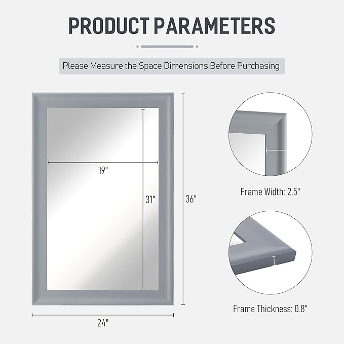 Bathroom Mirror for Wall,Rectangle Rustic Gray 24 x 36 inch Hanging Vanity Mirrors for Living Room,Bedroom,Entryway