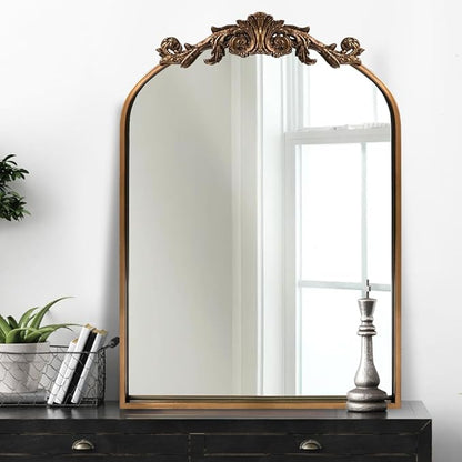 OUSHUAI Gold Traditional Vintage Ornate Baroque Mirror,Gold Brass Mirror for Wall,Victorian Antique Bronze Mirrors Arched for Bathroom/Living Room/Hallway/Fireplace 19"X27"