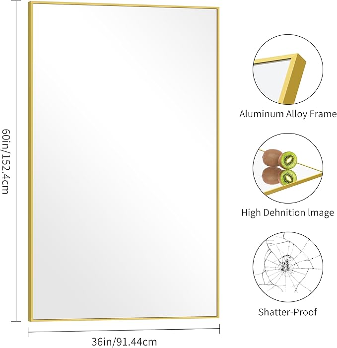 COFENY Gold Bathroom Mirror for Wall, 60x36 Inch Rectangle Mirrors with Metal Frame, Modern Vanity Wall Mirror Decor for Bathroom Living Room, Entryway Hangs Horizontal or Vertical