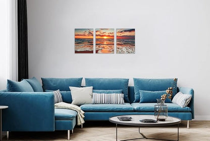 TutuBeer 3 Pcs Picture of the Beach Ocean Pictures Blue Sea Beach at Sunrise Art Print on Canvas Sea Wall Decor Ocean Wall Art Seascape Canvas Stretched and Framed 12" x 16" x 3 Pcs