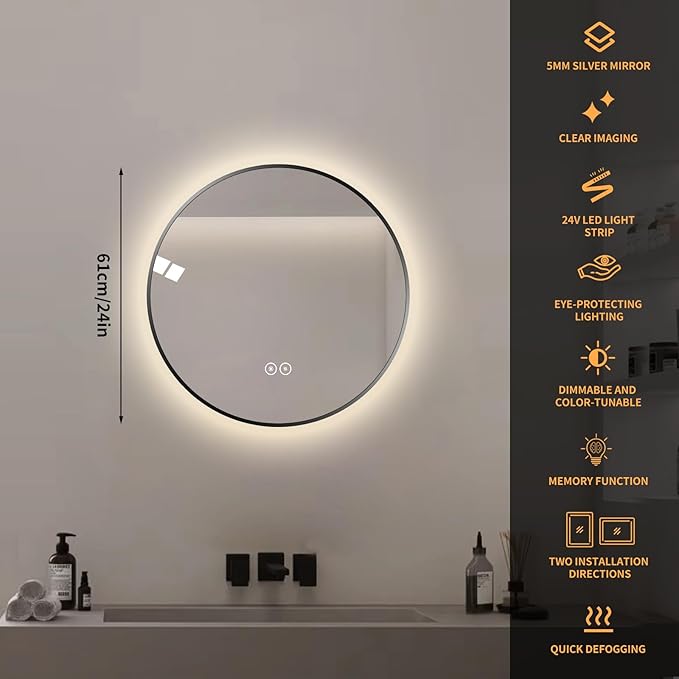 Round LED Bathroom Mirror with Gold Frame, 24V Backlight, 3 Color Temperatures, Dimmable, Memory Function, Defogging (Black Border, 24" L x 24" W)
