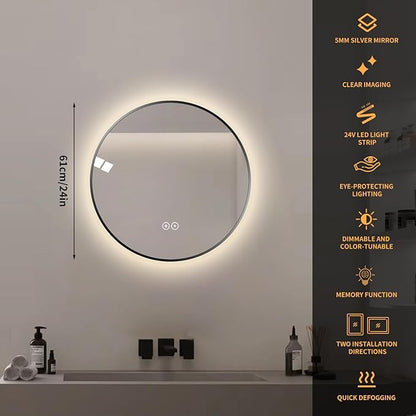 Round LED Bathroom Mirror with Gold Frame, 24V Backlight, 3 Color Temperatures, Dimmable, Memory Function, Defogging (Black Border, 24" L x 24" W)