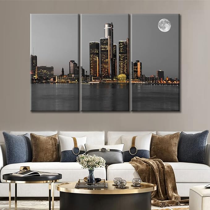 TUMOVO Wall Decor Detroit Downtown Skyline Wall Art Beautiful City Skyline Pictures Wall Decor for Living Room 3 Piece Skyscrapers Contemporary Home Decor Framed Ready to Hang (60" Wx40 H)