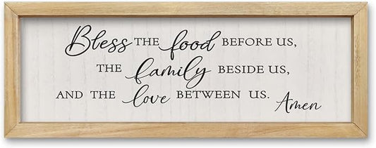 comurdyo Modern Religious Holy Dining Room Bless the Food Before Us Prayer Sign Wall Decor 16"×6" Framed Wood for Small Rustic Minimalist Christian Catholic Kitchen Wall Art Hanging (Wood)