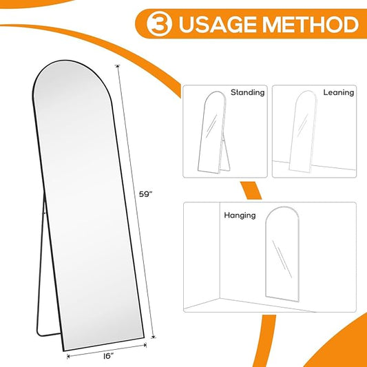 Arched Mirror Full Length, Upgraded 16"x59" Body Wall Mirrors with Shatter-Proof Glass, Floor Standing, Hanging or Leaning, Tall Arch Mirror with Stand Aluminum Alloy Frame for Bedroom, Black