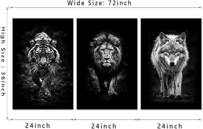 Black and White 3 Panles Pianting Wall Art Modern Home Office Decoration Animals Pictures Wall Decor Lion Tiger Wolf Posters Canvas Prints Art Living Room Decor, Framed 24" Wx36 Hx3pcs