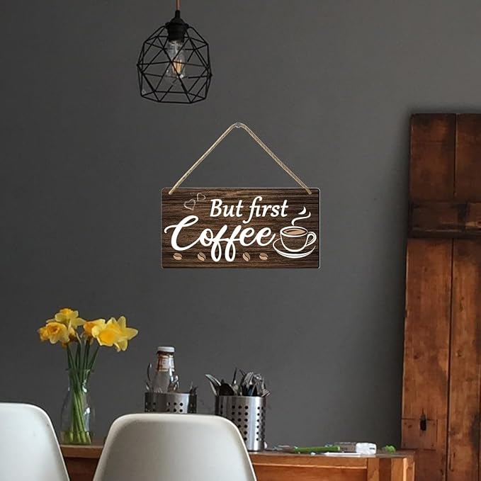 But First Coffee Sign - Wooden Coffee Bar Art, 6 x 12 Inch