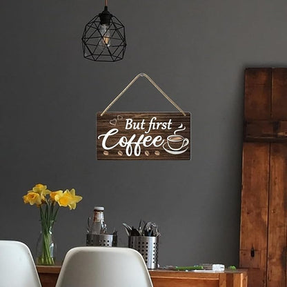 But First Coffee Sign - Wooden Coffee Bar Art, 6 x 12 Inch