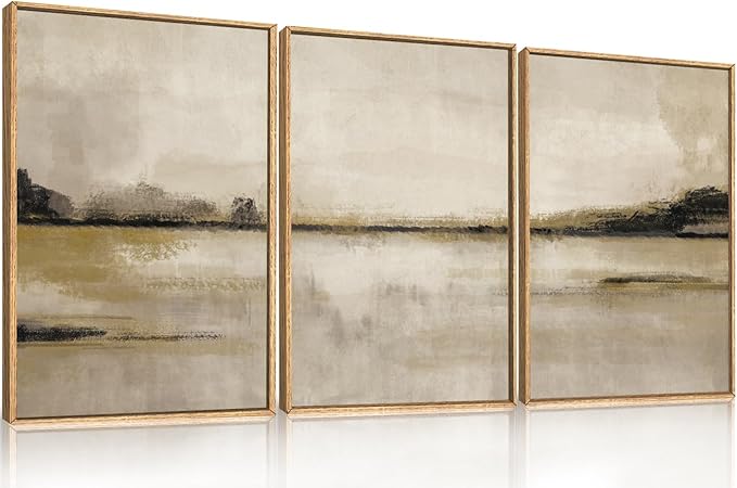 KAIRNE Neutral Abstrcat Landscape Framed Canvas Wall Art Set, Retro Mountain Lake Wall Decor, Vintage Tan Scenery Art Prints, Modern Nature Artwork for Living Room,Bedroom,Farmhouse,Office-24 x36 x3