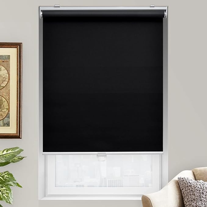 Cordless Roller Shades Blackout Blinds for Windows Room Darkening Rolled Up Shades with Spring System, UV Protection Window Shades Door Blinds for Home and Office (22" W x 72" H, Black)