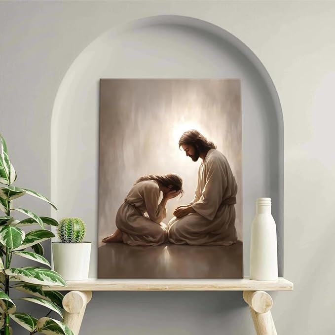 Jesus and Woman Canvas Wall Art Christian Repentance and Forgiveness Painting picture Wall Decor religion Bible Stories Poster Print Artwork for Church LDS bedroom Living Home Decor 8x10 in Canvas