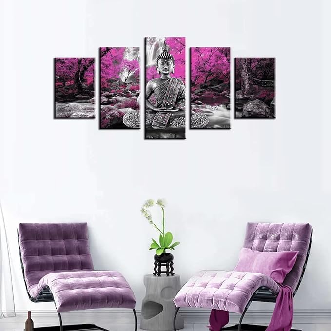 AWLXPHY Decor Buddha Waterfall Wall Art Canvas Painting Framed 5 Panels for Living Room Decoration Modern Landscape Buddha Water Trees Zen Stretched Artwork Giclee (Purple, 60''x30'')
