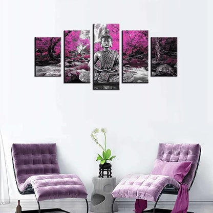 AWLXPHY Decor Buddha Waterfall Wall Art Canvas Painting Framed 5 Panels for Living Room Decoration Modern Landscape Buddha Water Trees Zen Stretched Artwork Giclee (Purple, 60''x30'')