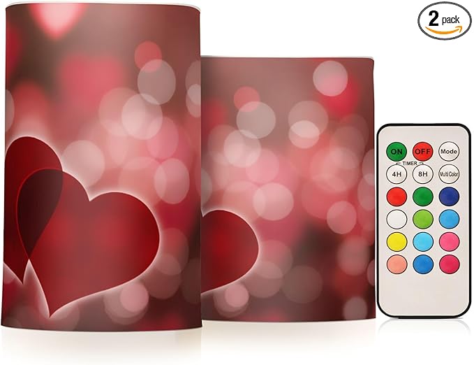 Valentines Lights Flameless Candles Valentines Hearts Bokeh Effect Pillar Candles Set of 2 Battery Operated Remote Control Warm Lights Home Decor