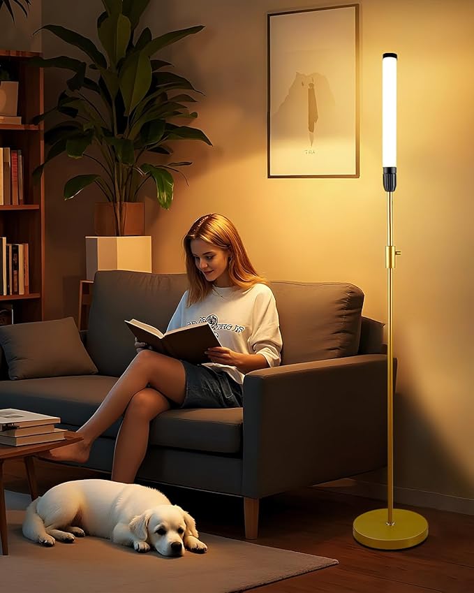 Lightdot 68IN LED Floor Lamp for Living Room, Stepless Dimmable(10-100% Brightness) Modern Standing Tall Lamps with Milky White Cylindrical LampHead,Mid Century Industrial Floor Lamps for Bedroom-Gold