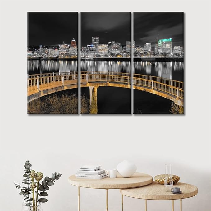TUMOVO Home Decor Ortland Oregon Downtown City Skyline Pictures Bathroom Decor Wall Art 3 Panel Nighttime Lightscape Contemporary Home Decor Print on Canvas Framed Ready to Hang (36" Wx24 H)
