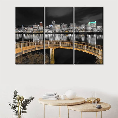 TUMOVO Home Decor Ortland Oregon Downtown City Skyline Pictures Bathroom Decor Wall Art 3 Panel Nighttime Lightscape Contemporary Home Decor Print on Canvas Framed Ready to Hang (36" Wx24 H)
