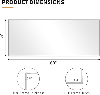 KOCUUY Large Silver Mirror, 60"x24" Rectangle Bathroom Mirror for Wall, HD Tempered Glass, Anti-Rust Frame, Modern Design for Bathroom, Bedroom, Living Room, Entryway