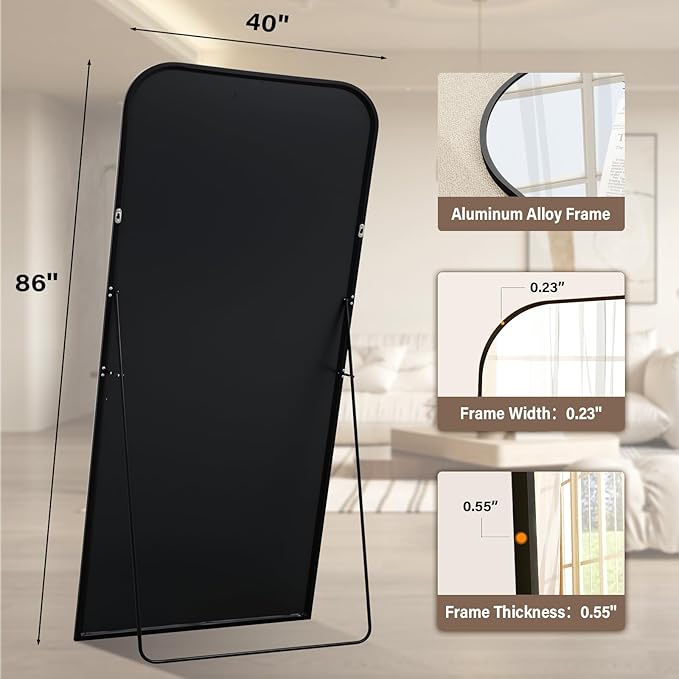 XRAMFY 40x86 Inch Floor Length Mirror with Stand, Full Length Standing Mirror for Bedroom, Full Body Tall Mirrors with Modern Aluminum Alloy Frame in Black, Home Decor