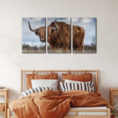 Pacimo 3 Panels Framed Canvas Prints Highland Cattle Wall Art Home Decorations for Living Room Modern Stretched and Framed Animal Pictures Photo Giclee Paintings Ready to Hang - 16"x24"x3 Panels