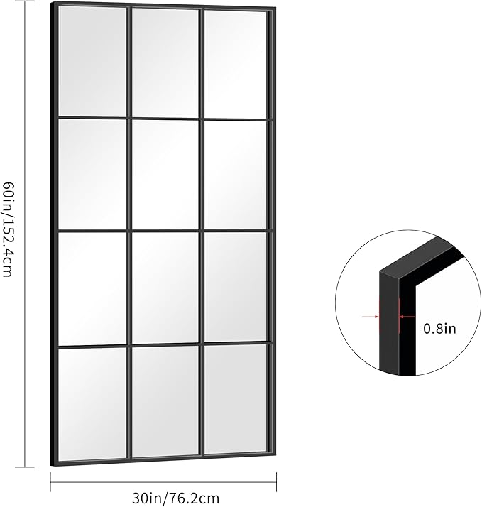Rectangle Mirror, Wall Mounted, 30"x60" Window Pane Mirror Wall Decor Metal Framed, Large Black Mirror for Bedroom Living Room Fireplace Entryway Hanging or Leaning Against Wall