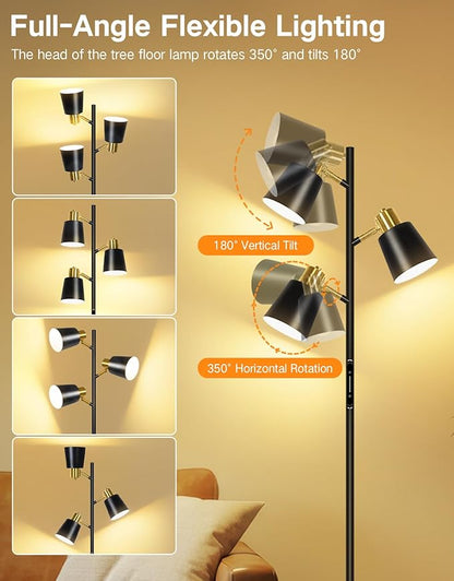 OUTON Tree Floor Lamp, LED Dimmable Floor Lamp with Remote And Touch Slide Control, 4 Color Temperatures, 3 Rotatable Lights, Modern Standing Lamp for Living Room Bedroom Office, Bulbs Included, Black
