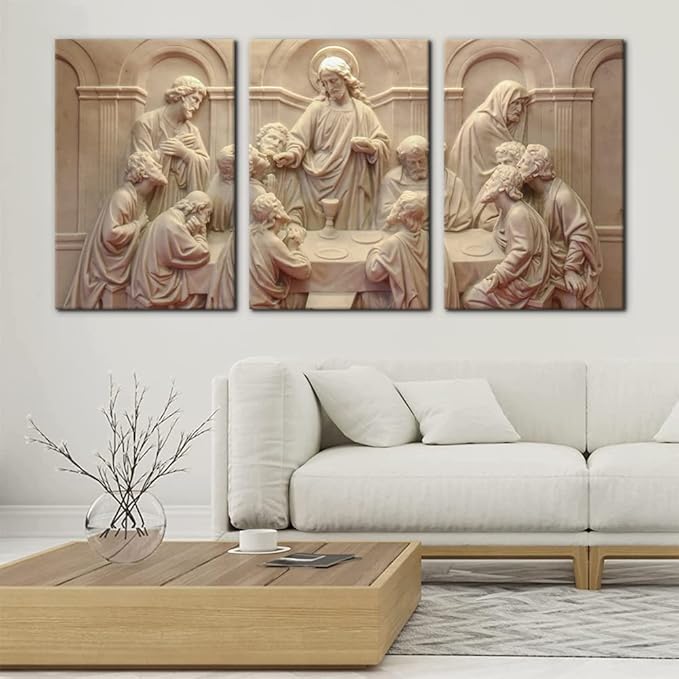 3 Pieces Canvas Wall Art Picture The Last Supper Sculpture Style Paintings on Canvas 12 Apostles Modern Artwork for Home Decor Framed Gallery-wrapped Stretched Ready to Hang - 16"x24"x3 Panels