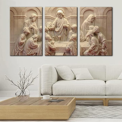 3 Pieces Canvas Wall Art Picture The Last Supper Sculpture Style Paintings on Canvas 12 Apostles Modern Artwork for Home Decor Framed Gallery-wrapped Stretched Ready to Hang - 16"x24"x3 Panels
