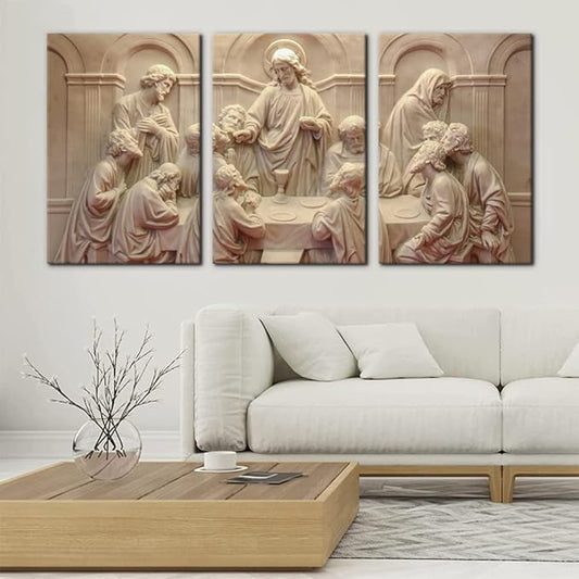 3 Pieces Canvas Wall Art Picture The Last Supper Sculpture Style Paintings on Canvas 12 Apostles Modern Artwork for Home Decor Framed Gallery-wrapped Stretched Ready to Hang - 16"x24"x3 Panels