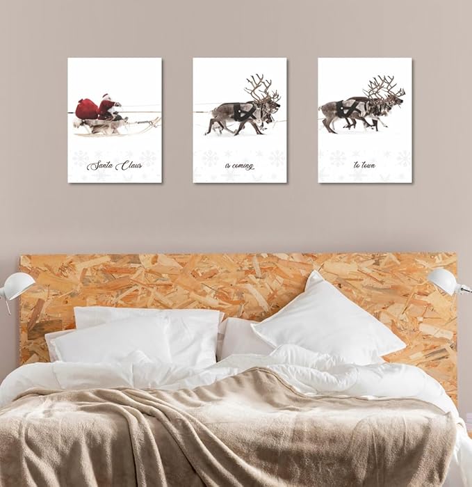 Christmas Wall Art Framed Prints 12x16 Santa Claus Reindeer Sleigh Decoration Aesthetic Ready to Hang Decor Large Xmas Posters Canvas Room Decor Artwork Living Room Set Of 3