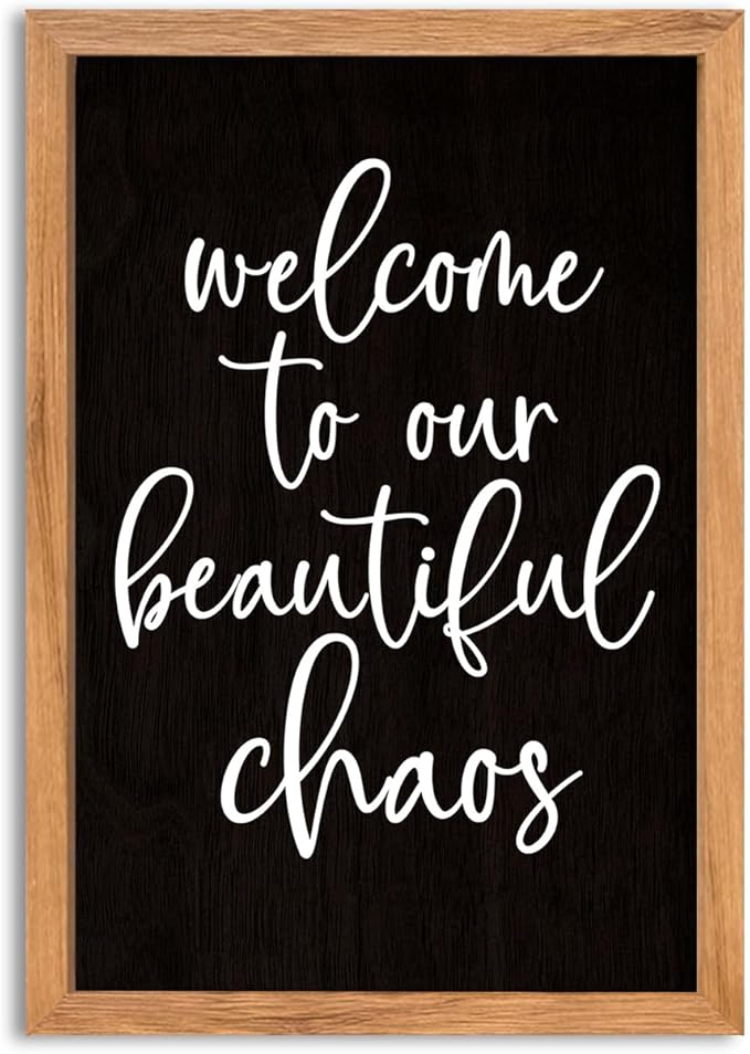 AuraPeak Welcome To Our Beautiful Chaos Sign Home Living Room Wall Decor Modern Family Rustic Farmhouse House Entryway Bedroom Hanging Horizontal Plaque Wall Art (Wood Black 16"×11")