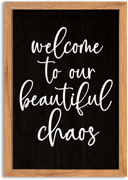 AuraPeak Welcome To Our Beautiful Chaos Sign Home Living Room Wall Decor Modern Family Rustic Farmhouse House Entryway Bedroom Hanging Horizontal Plaque Wall Art (Wood Black 16"×11")
