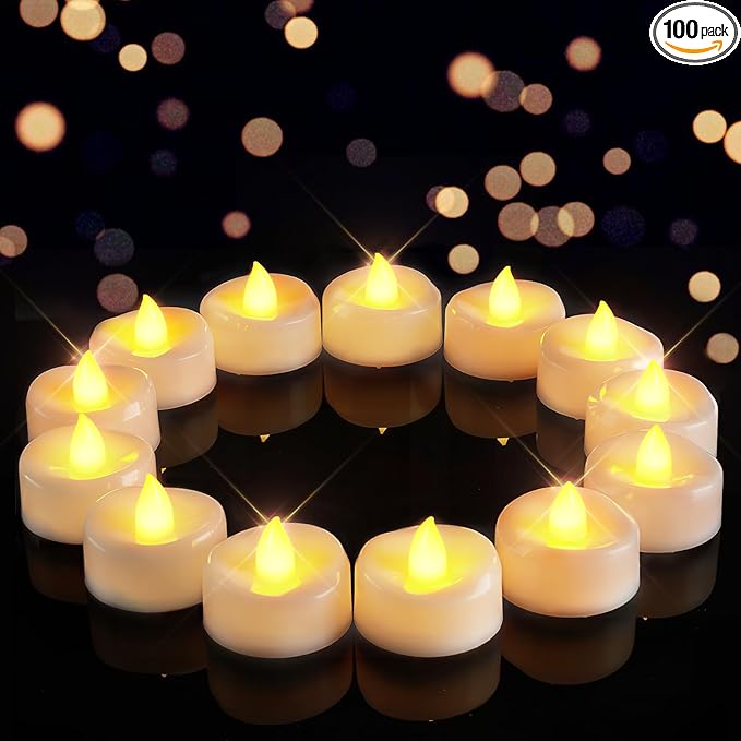 Merrynights Flameless Candles, 100-Pack Tea Lights Candles Battery Operated Bulk, Flameless Tealight Candles, LED Tea Lights for Christmas Halloween Wedding Fall Decor, 1.5'' D X 1.25'' H, Warm Yellow