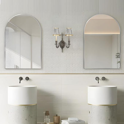 Wall Mounted Mirror, Arched Wall Mirror for Bathroom, 20"x30" Arch Bathroom Mirror with Metal Frame, 2 Pieces Silver Vanity Mirror Decor for Mantle, Bedroom, Entryway