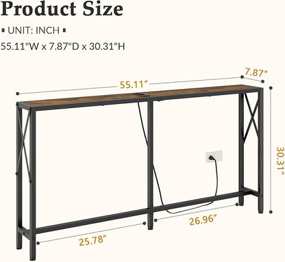 Gewudraw Console Table with Oulets and USB Ports, 55.1" Sofa Table Behind Couch, Industrial Long Skinny Stand for Hallway, Living Room, Bedroom, 6.5 Feet Power Cord, Rustic Brown
