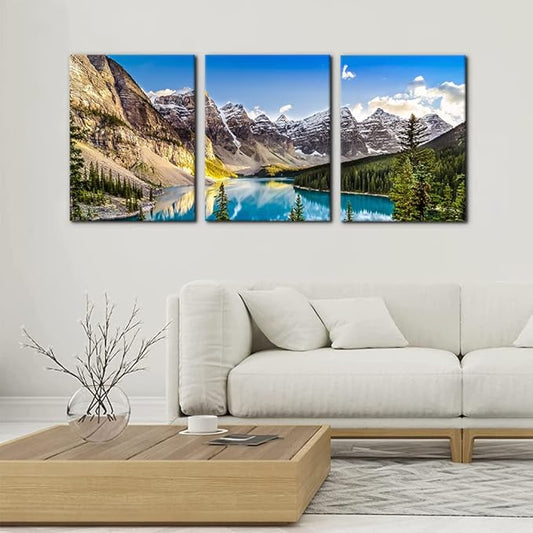 3 Pieces Colorado Framed Wall Art Snow Mountain and Lake National Park Natural Landscape Picture Modern Artwork Painting Print on Canvas for Living Room Home Decoration - 12" x 16" x 3