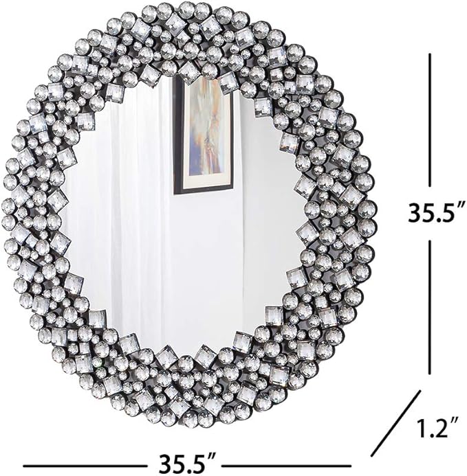 SHYFOY 35.5" Oversize Jeweled Ornate Wall Mirrors Decorative Crystal Accent Round Mirrors for Wall Home Decor, Modern Crushed Diamond Gemstone Mirror for Living Room