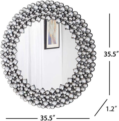 SHYFOY 35.5" Oversize Jeweled Ornate Wall Mirrors Decorative Crystal Accent Round Mirrors for Wall Home Decor, Modern Crushed Diamond Gemstone Mirror for Living Room