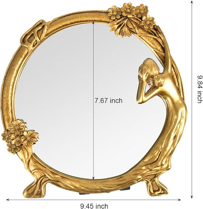 Vintage Gold Mirror Wall Decor - Small Vanity Mirrors, Antique Decorative for Desk Room, Frame Arched Victorian Decoration for Home Table, Standing Framed Art Gift for Furniture Living Bedroom, Oval
