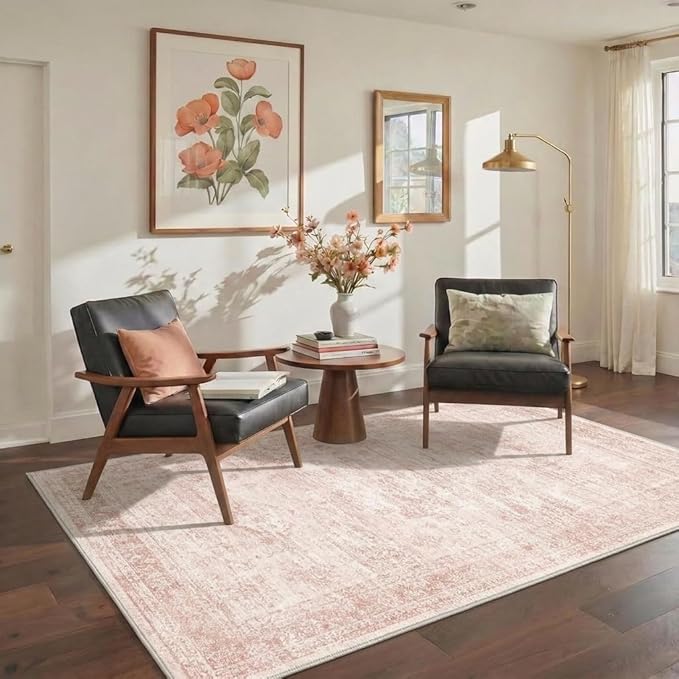 GENIMO 6x9 Area Rugs for Living Room, Machine Washable Non Slip Vintage Rugs, Low Pile Lightweight Chenille Print Rug for Bedroom, Dining Room, Home Office, Pink