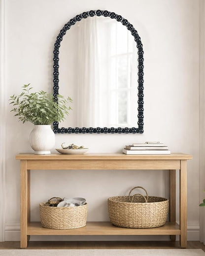 Black Beaded Arched Wall Mirror 22x30 Inch, Vintage Decorative Arch Mirror with Beaded Frame, Accent Mirror for Entryway, Bathroom, Living Room, Bedroom, Fireplace