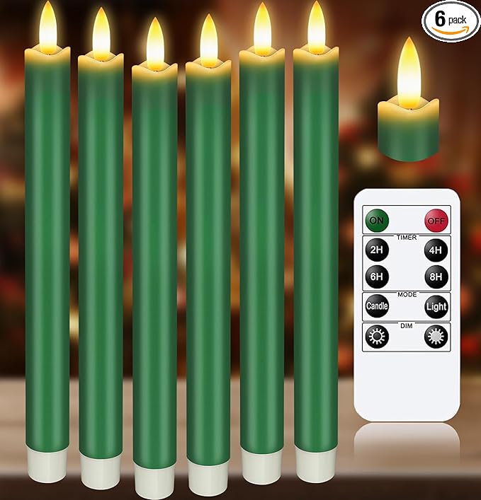 Upgraded Real Wax LED Flameless Green Taper Candles with Remote, KSWING 6 PCS Candlesticks Battery Operated 3D Flickering - 9.6" Long Realistic Fake Candle Sticks for Home/Wedding/Fireplace Xmas Decor