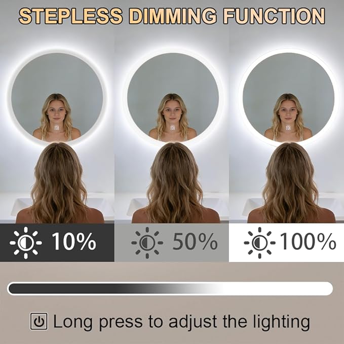 20 Inch Round LED Bathroom Mirror with Frontlit and Backlit, Lighted Vanity Bathroom Mirror, Stepless Dimmable & 3 Colors (3000K/4000K/6000K), IP54 Waterproof
