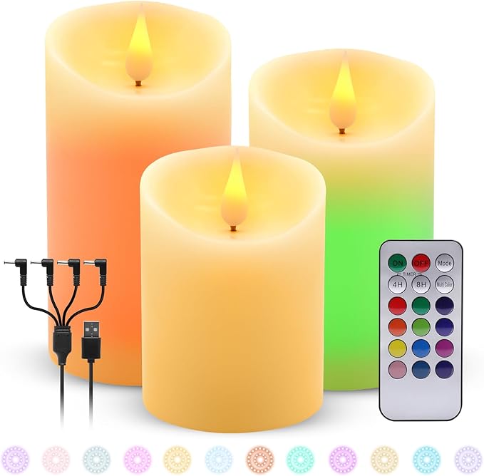 Rechargeable Candles Flickering with Remote,Flameless Candles Built-in Rechargeable Battery,RGB&Warm White Real Wax LED Candles for Home Decoration,Christmas,Party