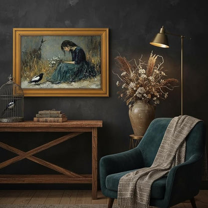 Vintage Gold Framed Canvas Wall Art, Girl Magpie Poster Artwork, Dark Moody Print Picture, Melancholic Aesthetic Painting Wall Decor, for Living Room, Bedroom, Study Home Decoration, 9x11in