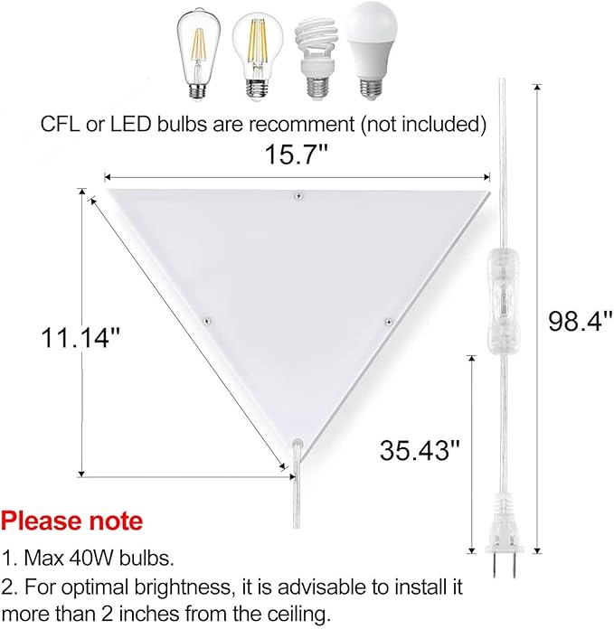 Corner Light with Switch, Ceiling Corner Lights for Living Room, Plug in Ceiling Light for Dark Area, Lamp for Bedroom, Kids Room, Triangle Shape, White Acrylic (1 Pack)