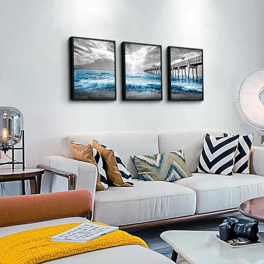Black Framed Canvas Wall Art - Living Room, Bedroom & Office Decor - Blue Ocean Sea Wave Pictures - Modern Home Decor